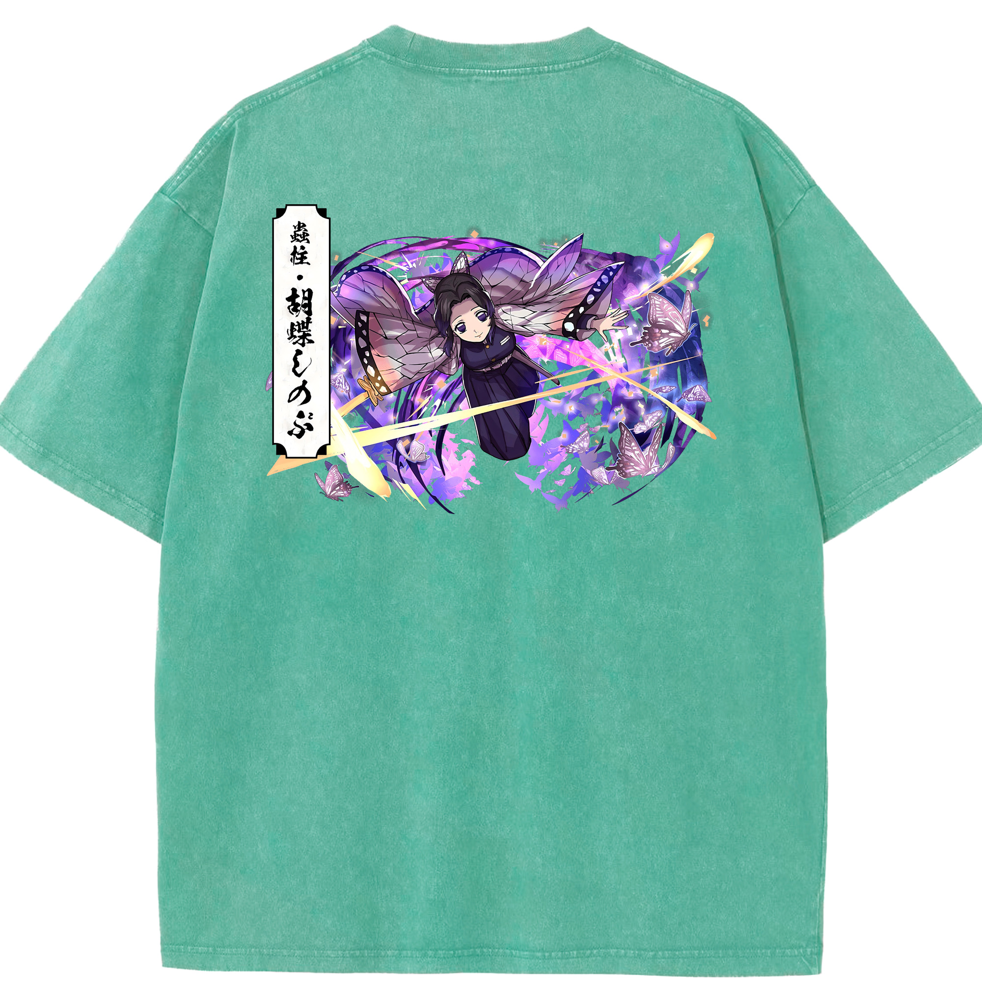 （画像用） 鬼滅の刃（きめつのやいば）蟲柱-胡蝶 しのぶ／こちょう しのぶ Kochou Shinobu 綿100% ヴィンテージ風 半袖Tシャツ（背面プリント）